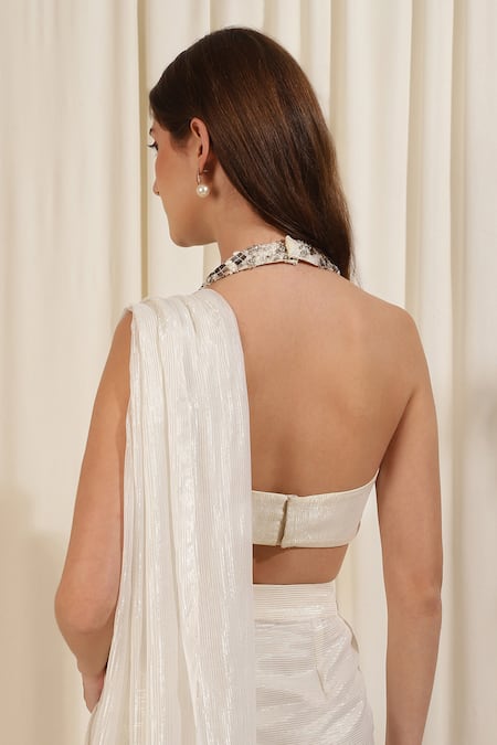 Buy_Rirasa_Ivory Lurex Mirrors Round Neck Shimmer Slit Pre-draped Saree With Blouse 