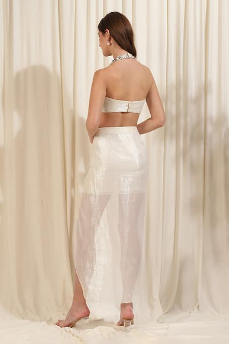 Shop Rirasa Ivory Lurex, Georgette Beads, Shimmer Textured Layered Skirt With Crop Top at Aza Fashions Shop_Rirasa_Ivory Lurex, Georgette Beads, Shimmer Textured Layered Skirt With Crop Top _at_Aza_Fashions