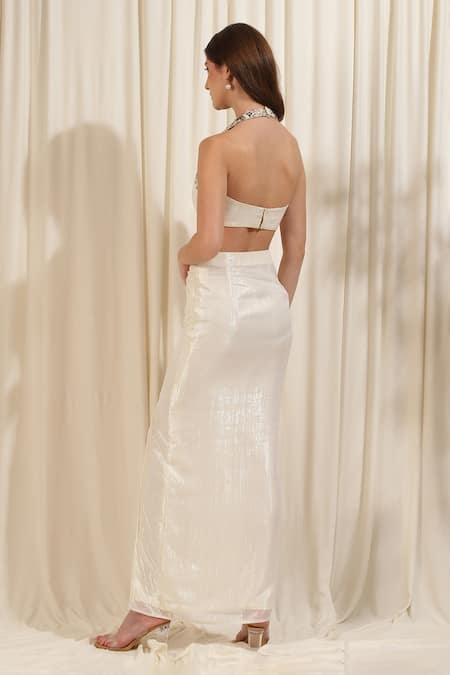 Shop_Rirasa_Ivory Lurex, Georgette Sequins, Beads Halter Textured Slit Skirt With Crop Top _at_Aza_Fashions
