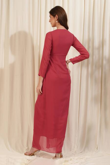 Shop_Rirasa_Coral Chiffon Plunge Neck Salvia Solid Draped Slit Dress _at_Aza_Fashions