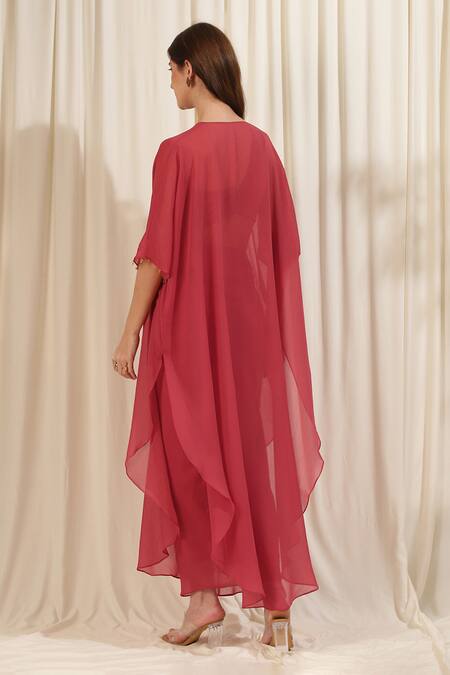 Shop_Rirasa_Coral Chiffon One Shoulder Solid Asymmetric Cape Draped Skirt Set _at_Aza_Fashions