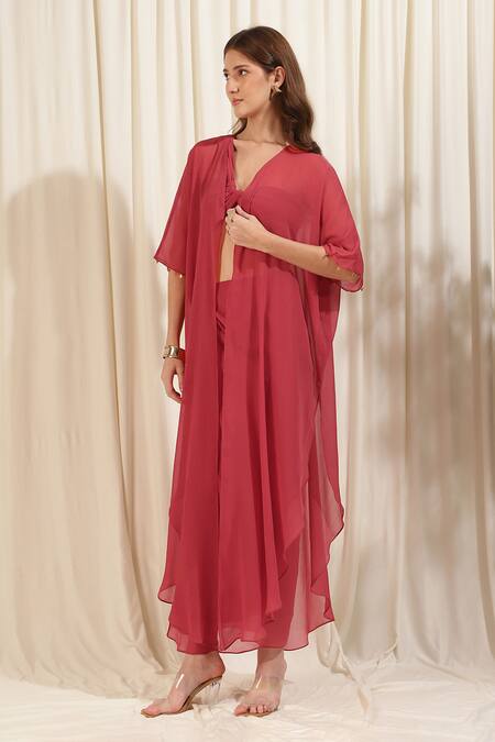 Rirasa_Coral Chiffon One Shoulder Solid Asymmetric Cape Draped Skirt Set _Online_at_Aza_Fashions