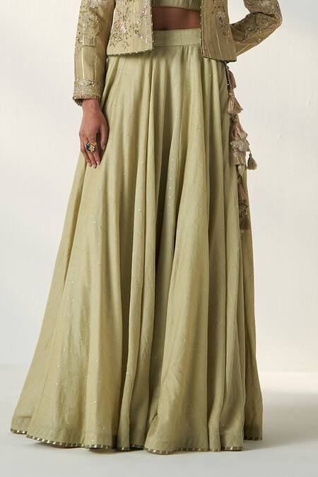 Studio Bagechaa Green Chanderi, Cotton Sequins, Tassels Radha Embroidered Jacket Lehenga Set Online at Aza Fashions Studio Bagechaa_Green Chanderi, Cotton Sequins, Tassels Radha Embroidered Jacket Lehenga Set _Online_at_Aza_Fashions