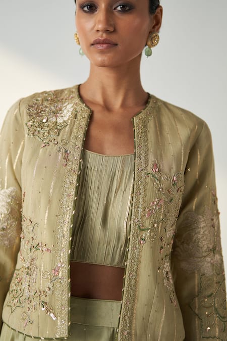 Buy Studio Bagechaa Green Chanderi, Cotton Sequins, Tassels Radha Embroidered Jacket Lehenga Set Online at Aza Fashions Buy_Studio Bagechaa_Green Chanderi, Cotton Sequins, Tassels Radha Embroidered Jacket Lehenga Set _Online_at_Aza_Fashions