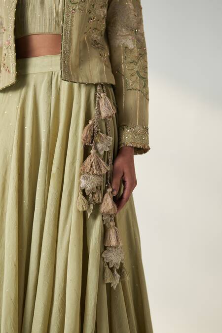 Shop Studio Bagechaa Green Chanderi, Cotton Sequins, Tassels Radha Embroidered Jacket Lehenga Set Online at Aza Fashions Shop_Studio Bagechaa_Green Chanderi, Cotton Sequins, Tassels Radha Embroidered Jacket Lehenga Set _Online_at_Aza_Fashions