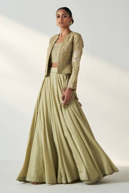 Studio Bagechaa Green Chanderi, Cotton Sequins, Tassels Radha Embroidered Jacket Lehenga Set at Aza Fashions Studio Bagechaa_Green Chanderi, Cotton Sequins, Tassels Radha Embroidered Jacket Lehenga Set _at_Aza_Fashions