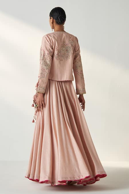 Shop Studio Bagechaa Pink Chanderi, Cotton Sequins, Embroidery, Radha Floral Jacket Lehenga Set at Aza Fashions Shop_Studio Bagechaa_Pink Chanderi, Cotton Sequins, Embroidery, Radha Floral Jacket Lehenga Set _at_Aza_Fashions