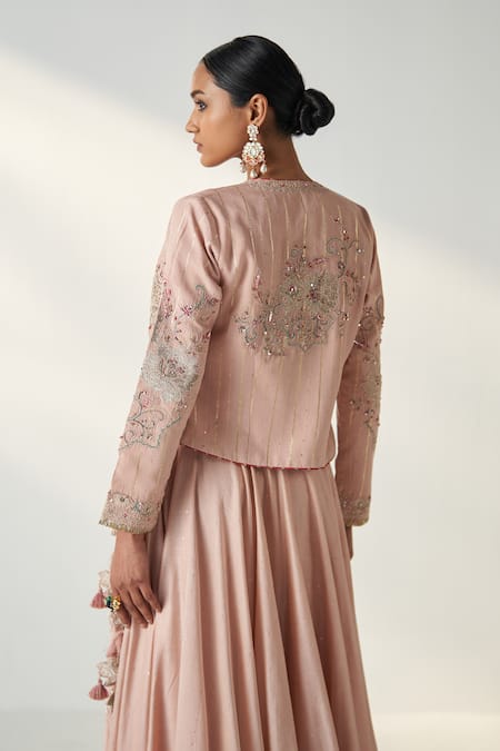 Buy Studio Bagechaa Pink Chanderi, Cotton Sequins, Embroidery, Radha Floral Jacket Lehenga Set Online at Aza Fashions Buy_Studio Bagechaa_Pink Chanderi, Cotton Sequins, Embroidery, Radha Floral Jacket Lehenga Set _Online_at_Aza_Fashions