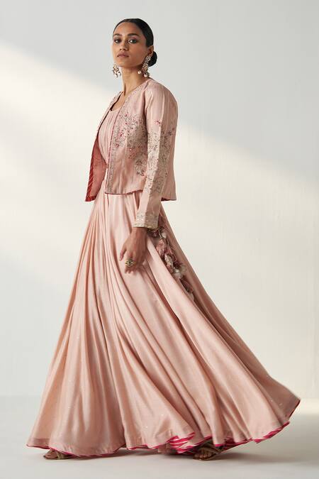Shop Studio Bagechaa Pink Chanderi, Cotton Sequins, Embroidery, Radha Floral Jacket Lehenga Set Online at Aza Fashions Shop_Studio Bagechaa_Pink Chanderi, Cotton Sequins, Embroidery, Radha Floral Jacket Lehenga Set _Online_at_Aza_Fashions