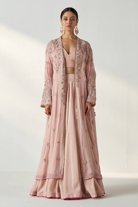 Buy_Studio Bagechaa_Pink Cotton, Georgette Sequins, Tassels Floral Embroidered Cape Lehenga Set _Online_at_Aza_Fashions