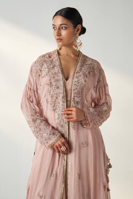 Shop_Studio Bagechaa_Pink Cotton, Georgette Sequins, Tassels Floral Embroidered Cape Lehenga Set _Online_at_Aza_Fashions