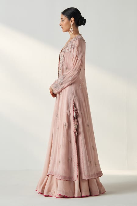 Studio Bagechaa_Pink Cotton, Georgette Sequins, Tassels Floral Embroidered Cape Lehenga Set _at_Aza_Fashions