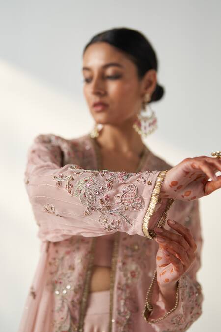 Buy_Studio Bagechaa_Pink Cotton, Georgette Sequins, Tassels Floral Embroidered Cape Lehenga Set 