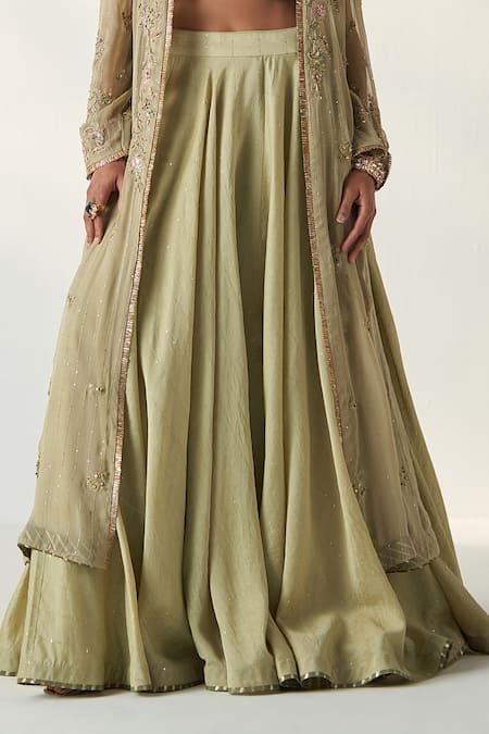 Studio Bagechaa Green Chanderi, Georgette, Cotton Floral Embroidered Long Jacket Lehenga Set Online at Aza Fashions Studio Bagechaa_Green Chanderi, Georgette, Cotton Floral Embroidered Long Jacket Lehenga Set _Online_at_Aza_Fashions