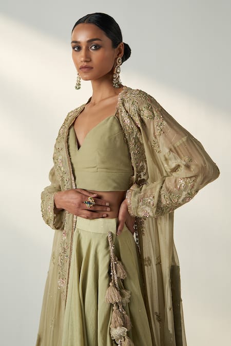 Buy Studio Bagechaa Green Chanderi, Georgette, Cotton Floral Embroidered Long Jacket Lehenga Set Online at Aza Fashions Buy_Studio Bagechaa_Green Chanderi, Georgette, Cotton Floral Embroidered Long Jacket Lehenga Set _Online_at_Aza_Fashions