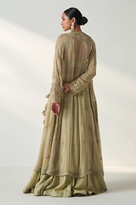 Shop Studio Bagechaa Green Chanderi, Georgette, Cotton Floral Embroidered Long Jacket Lehenga Set Online at Aza Fashions Shop_Studio Bagechaa_Green Chanderi, Georgette, Cotton Floral Embroidered Long Jacket Lehenga Set _Online_at_Aza_Fashions