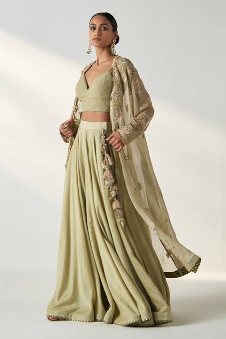 Studio Bagechaa Green Chanderi, Georgette, Cotton Floral Embroidered Long Jacket Lehenga Set at Aza Fashions Studio Bagechaa_Green Chanderi, Georgette, Cotton Floral Embroidered Long Jacket Lehenga Set _at_Aza_Fashions