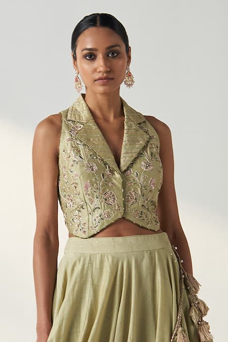Studio Bagechaa_Green Chanderi, Cotton Embroidery, Sequins, Rajita Floral Gilet And Lehenga Set _Online_at_Aza_Fashions
