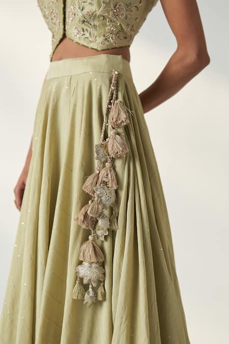 Buy_Studio Bagechaa_Green Chanderi, Cotton Embroidery, Sequins, Rajita Floral Gilet And Lehenga Set _Online_at_Aza_Fashions