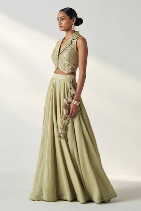 Shop_Studio Bagechaa_Green Chanderi, Cotton Embroidery, Sequins, Rajita Floral Gilet And Lehenga Set _Online_at_Aza_Fashions