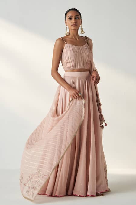 Buy_Studio Bagechaa_Pink Chanderi, Cotton Sequins, Embroidery, Gota Patti, Tassels Lehenga Set _Online_at_Aza_Fashions