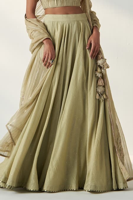 Studio Bagechaa_Green Chanderi, Cotton Sequins, Embroidery, Gota Patti Sweetheart Lehenga Set _Online_at_Aza_Fashions