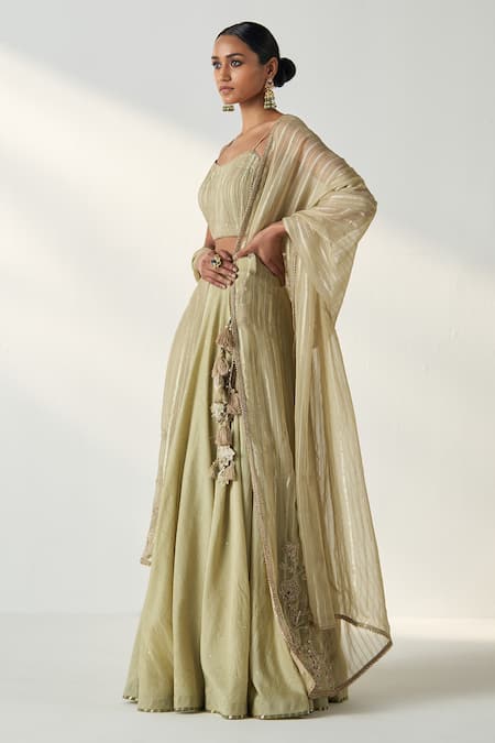 Buy_Studio Bagechaa_Green Chanderi, Cotton Sequins, Embroidery, Gota Patti Sweetheart Lehenga Set _Online_at_Aza_Fashions