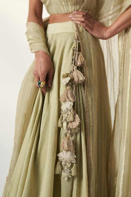 Shop_Studio Bagechaa_Green Chanderi, Cotton Sequins, Embroidery, Gota Patti Sweetheart Lehenga Set _Online_at_Aza_Fashions