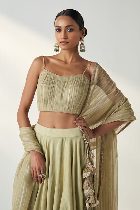 Studio Bagechaa_Green Chanderi, Cotton Sequins, Embroidery, Gota Patti Sweetheart Lehenga Set _at_Aza_Fashions