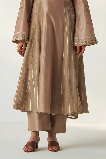 Studio Bagechaa_Brown Chanderi, Cotton Sequins, Gota Patti Palak Embroidered Anarkali Pant Set _Online_at_Aza_Fashions