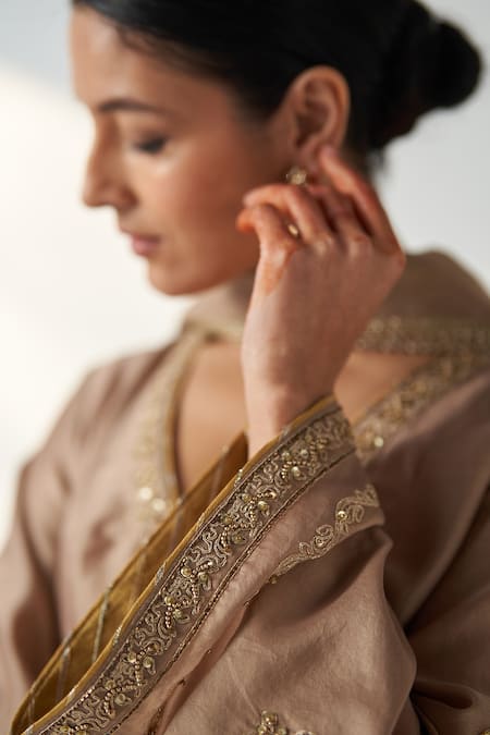 Buy_Studio Bagechaa_Brown Chanderi, Cotton Sequins, Gota Patti Palak Embroidered Anarkali Pant Set _Online_at_Aza_Fashions