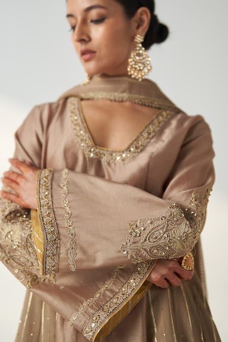 Shop_Studio Bagechaa_Brown Chanderi, Cotton Sequins, Gota Patti Palak Embroidered Anarkali Pant Set _Online_at_Aza_Fashions