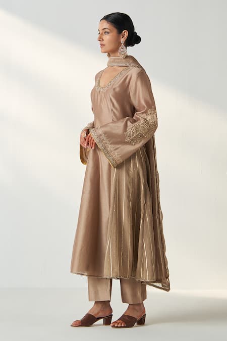 Studio Bagechaa_Brown Chanderi, Cotton Sequins, Gota Patti Palak Embroidered Anarkali Pant Set _at_Aza_Fashions