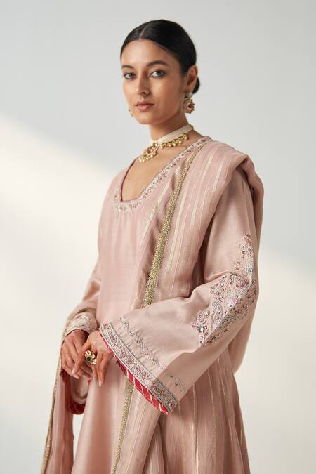 Shop_Studio Bagechaa_Pink Chanderi, Cotton Gota Patti, Sequins, Embroidery Palak Anarkali Pant Set _Online_at_Aza_Fashions