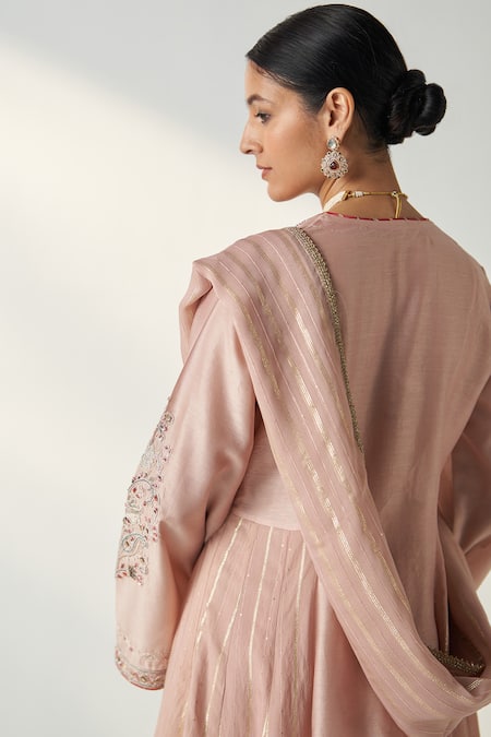 Studio Bagechaa_Pink Chanderi, Cotton Gota Patti, Sequins, Embroidery Palak Anarkali Pant Set _at_Aza_Fashions