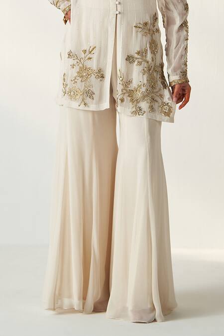 Studio Bagechaa_Ivory Georgette, Cotton Embroidery V-neck Tara Kurta Sharara Set _Online_at_Aza_Fashions