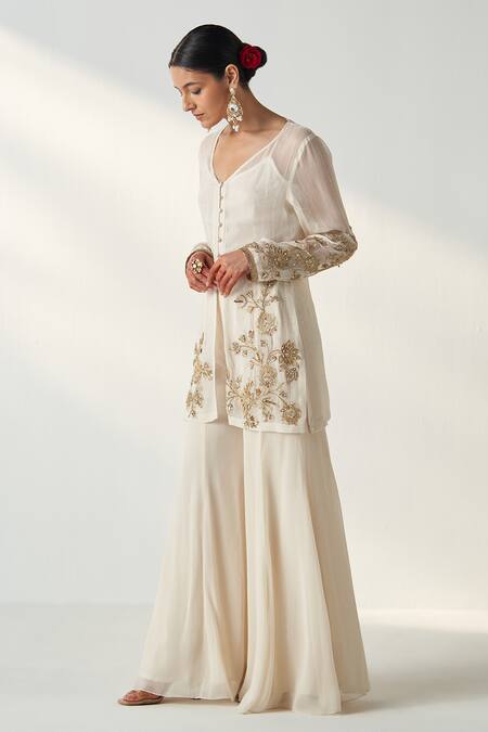 Shop_Studio Bagechaa_Ivory Georgette, Cotton Embroidery V-neck Tara Kurta Sharara Set _Online_at_Aza_Fashions