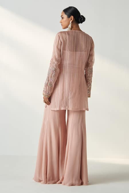 Shop Studio Bagechaa Pink Georgette Embroidery, Sequins V-neck Tara Floral Kurta And Sharara Set at Aza Fashions Shop_Studio Bagechaa_Pink Georgette Embroidery, Sequins V-neck Tara Floral Kurta And Sharara Set _at_Aza_Fashions