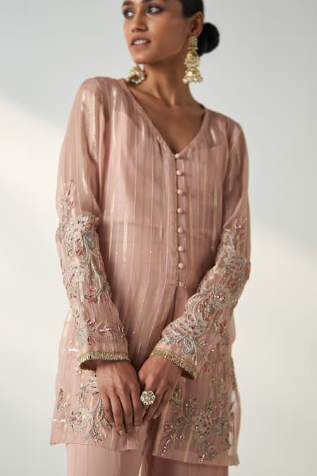 Shop Studio Bagechaa Pink Georgette Embroidery, Sequins V-neck Tara Floral Kurta And Sharara Set Online at Aza Fashions Shop_Studio Bagechaa_Pink Georgette Embroidery, Sequins V-neck Tara Floral Kurta And Sharara Set _Online_at_Aza_Fashions