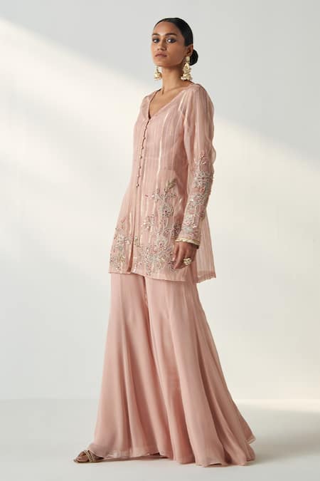 Studio Bagechaa Pink Georgette Embroidery, Sequins V-neck Tara Floral Kurta And Sharara Set at Aza Fashions Studio Bagechaa_Pink Georgette Embroidery, Sequins V-neck Tara Floral Kurta And Sharara Set _at_Aza_Fashions