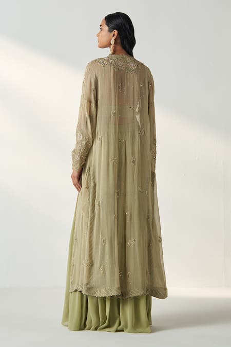 Shop Studio Bagechaa Green Georgette Embroidery Sweetheart Neck Nisha Long Cape Gharara Set at Aza Fashions Shop_Studio Bagechaa_Green Georgette Embroidery Sweetheart Neck Nisha Long Cape Gharara Set _at_Aza_Fashions