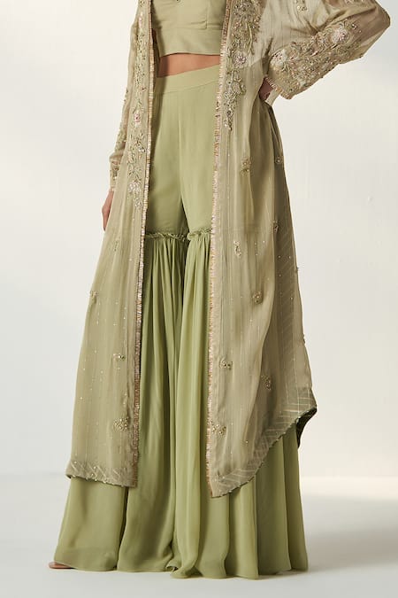 Studio Bagechaa Green Georgette Embroidery Sweetheart Neck Nisha Long Cape Gharara Set Online at Aza Fashions Studio Bagechaa_Green Georgette Embroidery Sweetheart Neck Nisha Long Cape Gharara Set _Online_at_Aza_Fashions