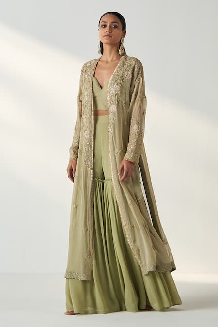 Buy Studio Bagechaa Green Georgette Embroidery Sweetheart Neck Nisha Long Cape Gharara Set Online at Aza Fashions Buy_Studio Bagechaa_Green Georgette Embroidery Sweetheart Neck Nisha Long Cape Gharara Set _Online_at_Aza_Fashions