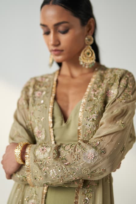 Shop Studio Bagechaa Green Georgette Embroidery Sweetheart Neck Nisha Long Cape Gharara Set Online at Aza Fashions Shop_Studio Bagechaa_Green Georgette Embroidery Sweetheart Neck Nisha Long Cape Gharara Set _Online_at_Aza_Fashions