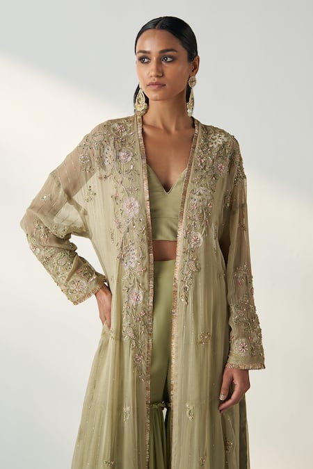 Studio Bagechaa Green Georgette Embroidery Sweetheart Neck Nisha Long Cape Gharara Set at Aza Fashions Studio Bagechaa_Green Georgette Embroidery Sweetheart Neck Nisha Long Cape Gharara Set _at_Aza_Fashions