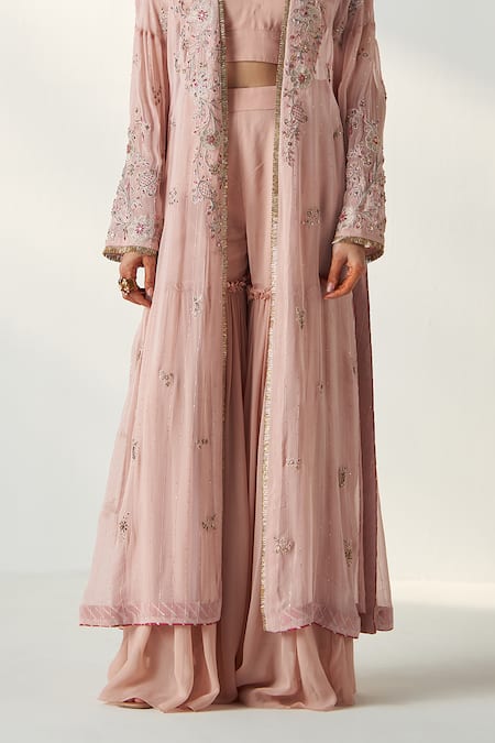 Studio Bagechaa Pink Georgette Fringe Sweetheart Nisha Embroidered Longline Cape Gharara Set Online at Aza Fashions Studio Bagechaa_Pink Georgette Fringe Sweetheart Nisha Embroidered Longline Cape Gharara Set _Online_at_Aza_Fashions