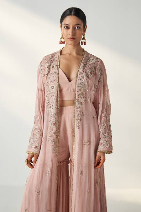 Buy Studio Bagechaa Pink Georgette Fringe Sweetheart Nisha Embroidered Longline Cape Gharara Set Online at Aza Fashions Buy_Studio Bagechaa_Pink Georgette Fringe Sweetheart Nisha Embroidered Longline Cape Gharara Set _Online_at_Aza_Fashions