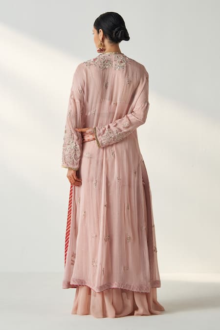 Shop Studio Bagechaa Pink Georgette Fringe Sweetheart Nisha Embroidered Longline Cape Gharara Set Online at Aza Fashions Shop_Studio Bagechaa_Pink Georgette Fringe Sweetheart Nisha Embroidered Longline Cape Gharara Set _Online_at_Aza_Fashions