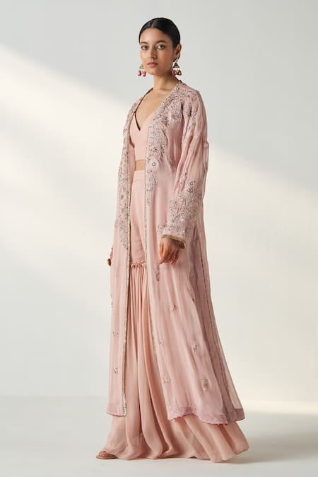 Studio Bagechaa Pink Georgette Fringe Sweetheart Nisha Embroidered Longline Cape Gharara Set at Aza Fashions Studio Bagechaa_Pink Georgette Fringe Sweetheart Nisha Embroidered Longline Cape Gharara Set _at_Aza_Fashions