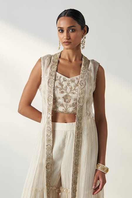 Shop Studio Bagechaa Ivory Organza, Georgette Sequins, Embroidery High Low Cape Gharara Set Online at Aza Fashions Shop_Studio Bagechaa_Ivory Organza, Georgette Sequins, Embroidery High Low Cape Gharara Set _Online_at_Aza_Fashions
